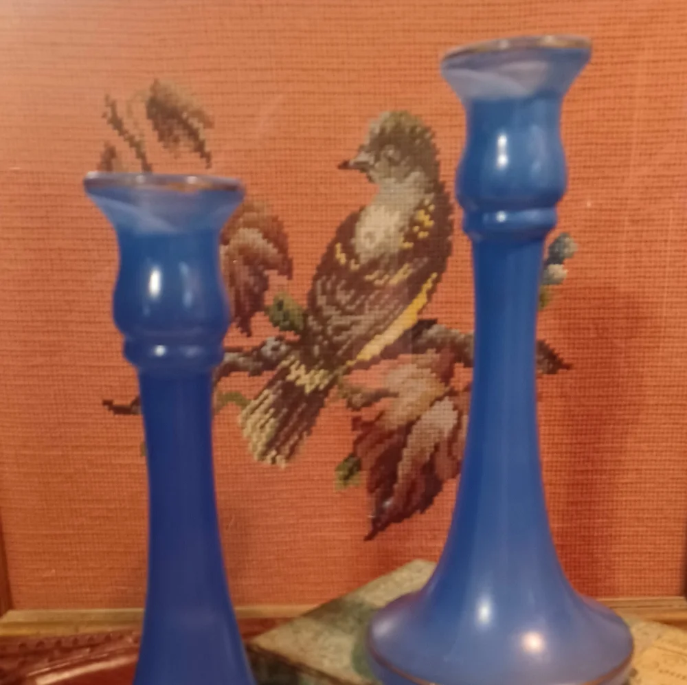 Pair Blue Art Deco Candlestick Holder by Tiffin Glass Circa 20's